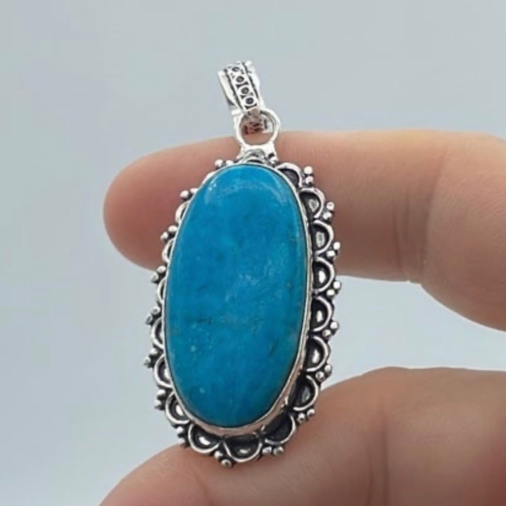 Turquoise 925 Stamped Silver Pendant - Picture 3 of 4
